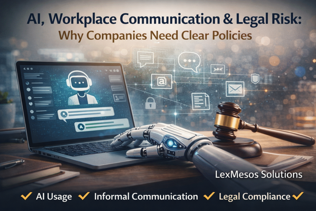 AI workplace communication and legal risk concept showing artificial intelligence, messaging systems, and compliance with a gavel representing legal consequences
