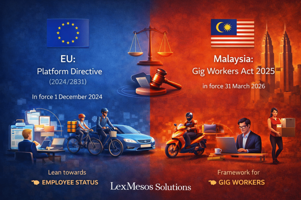 Illustration comparing EU Platform Work Directive and Malaysia Gig Workers Act showing platform workers, legal balance scale and regulatory differences