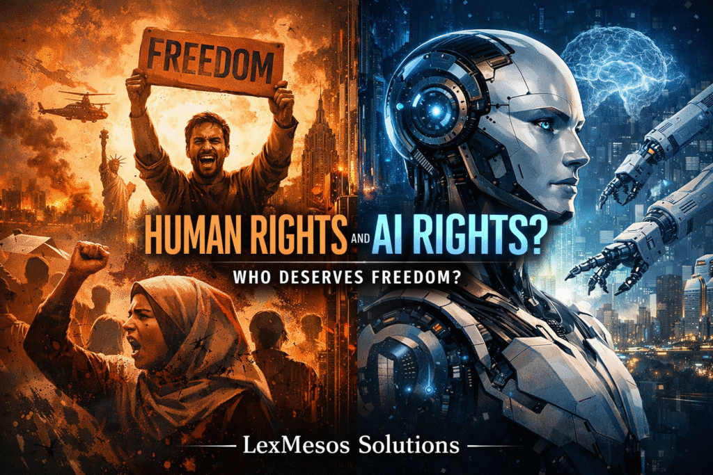 Split image showing humans protesting for freedom in a war setting on one side and a humanoid AI robot in a futuristic city on the other, illustrating the debate between human rights and AI rights.
