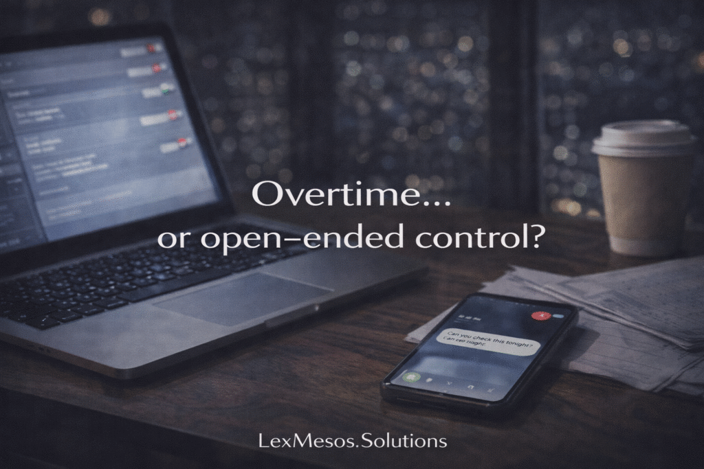 Employee receiving work messages after office hours at night, illustrating overtime clauses and always-on work culture