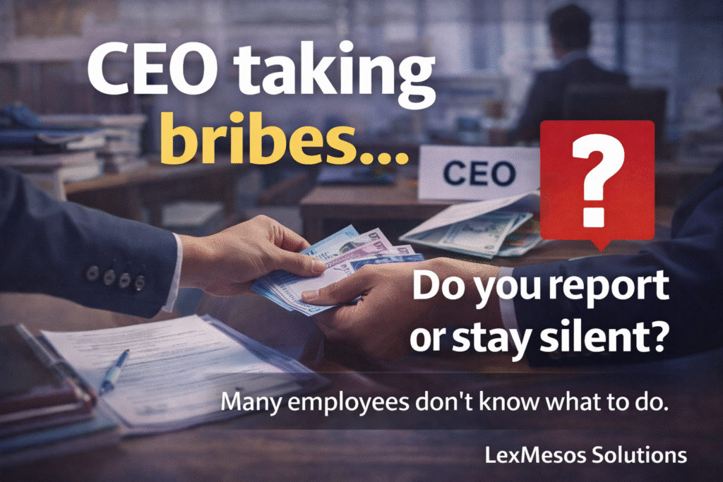Employee witnessing suspected bribery between executives in a corporate office and facing decision whether to report misconduct