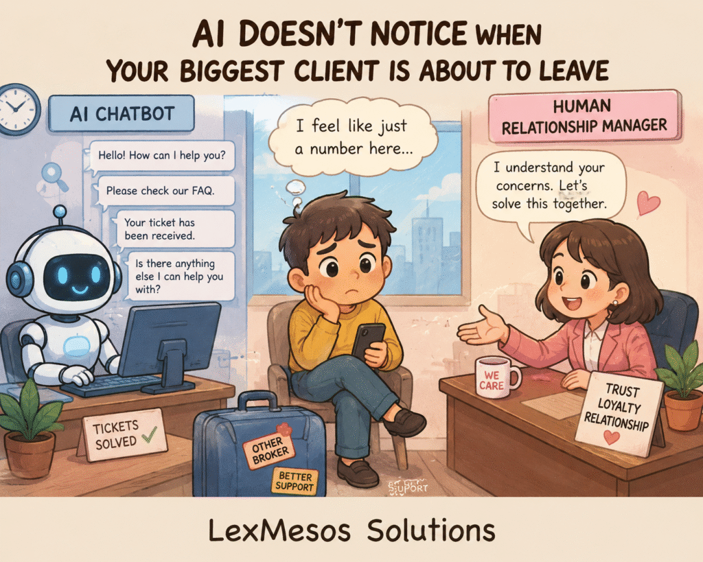 AI Doesn’t Notice When Your Biggest Client Is About to Leave Cute cartoon showing a human relationship manager helping a worried client while an AI chatbot gives automated replies in a financial office setting