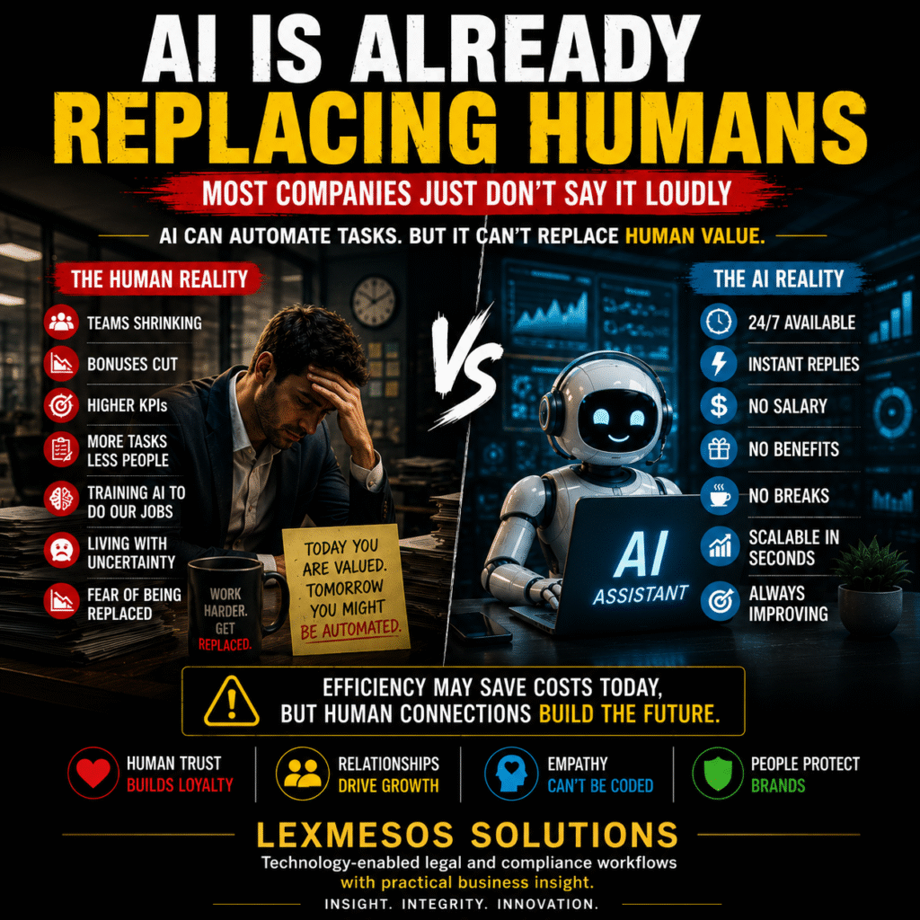 Dramatic infographic-style illustration comparing stressed human employees with AI automation in modern workplaces and financial sectors