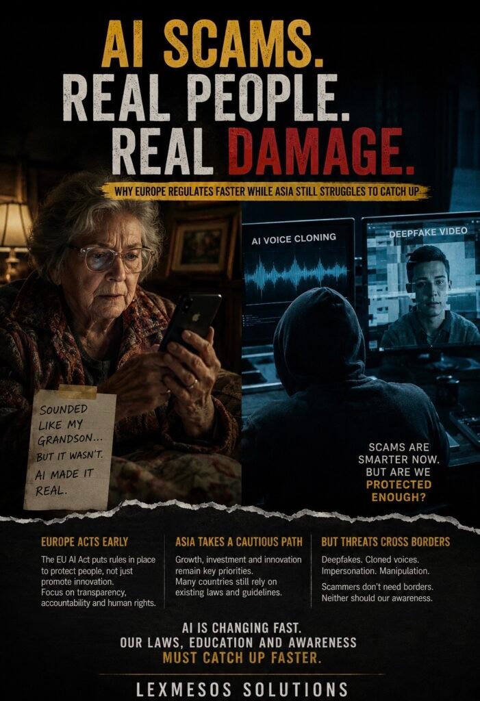 Cinematic AI scam awareness poster showing an elderly woman looking at her phone beside a hooded scammer using AI voice cloning and deepfake technology, highlighting digital fraud, AI regulation and public trust concerns.