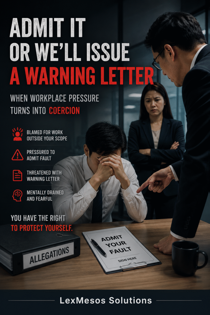 “Admit It Or We’ll Issue A Warning Letter”: When Workplace Pressure Turns Into Coercion Dark cinematic office image showing a stressed employee being pressured by HR and management during a disciplinary-style meeting involving warning letters and forced admissions, with LexMesos Solutions displayed at the bottom.