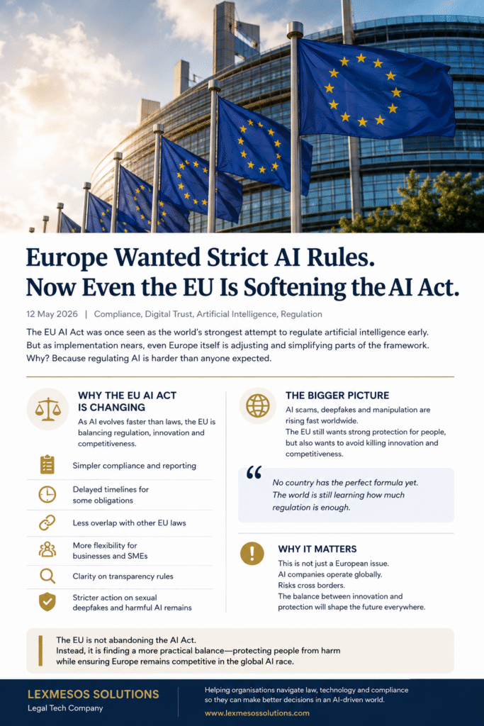 Editorial-style infographic showing European Union flags outside a modern EU building while discussing changes and simplification efforts under the EU AI Act, including AI regulation, digital trust and compliance concerns.