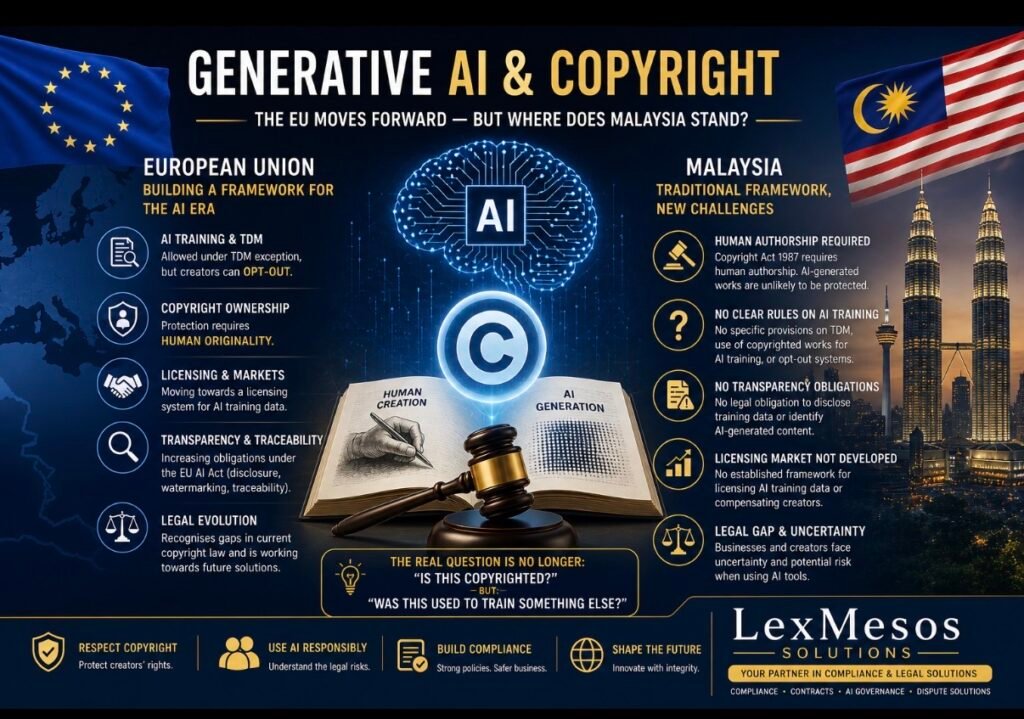A professional infographic comparing EU and Malaysia copyright approaches to generative AI, highlighting AI training data risks, copyright issues and regulatory gaps.