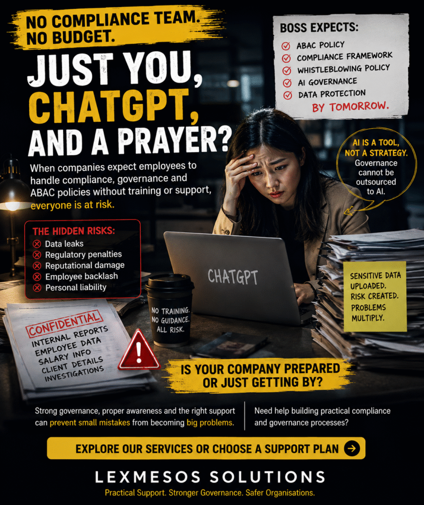 Dark cinematic workplace image showing an overwhelmed employee using AI tools to manage compliance and governance tasks without proper training, surrounded by confidential documents, governance pressure and operational risks, with LexMesos Solutions displayed at the bottom.