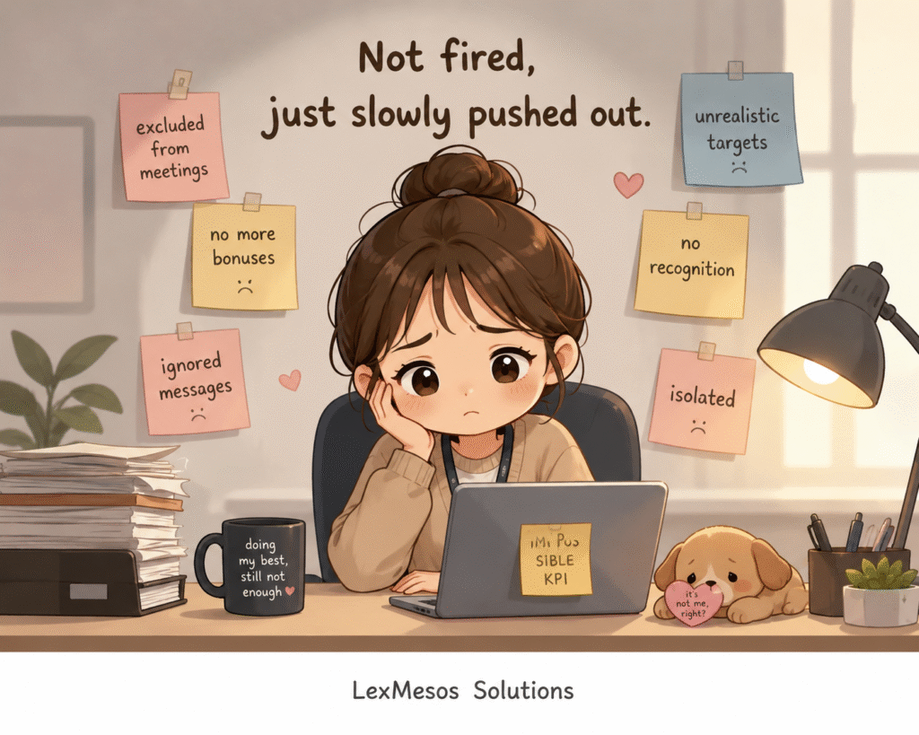 Cute office-themed illustration of a stressed employee sitting alone at a desk surrounded by notes about unrealistic targets, ignored messages and workplace isolation, representing quiet firing and toxic workplace pressure, with LexMesos Solutions displayed at the bottom.