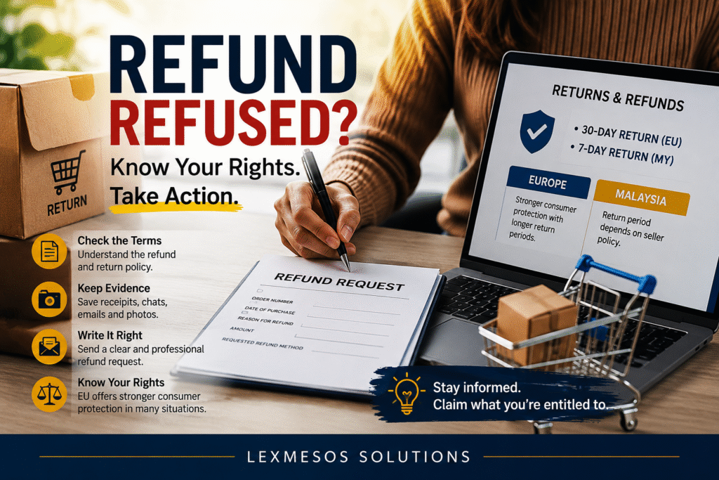 Professional refund rights awareness image showing a refund request form, online shopping return concept, and comparison between Malaysia and European consumer protection rights with LexMesos Solutions branding.