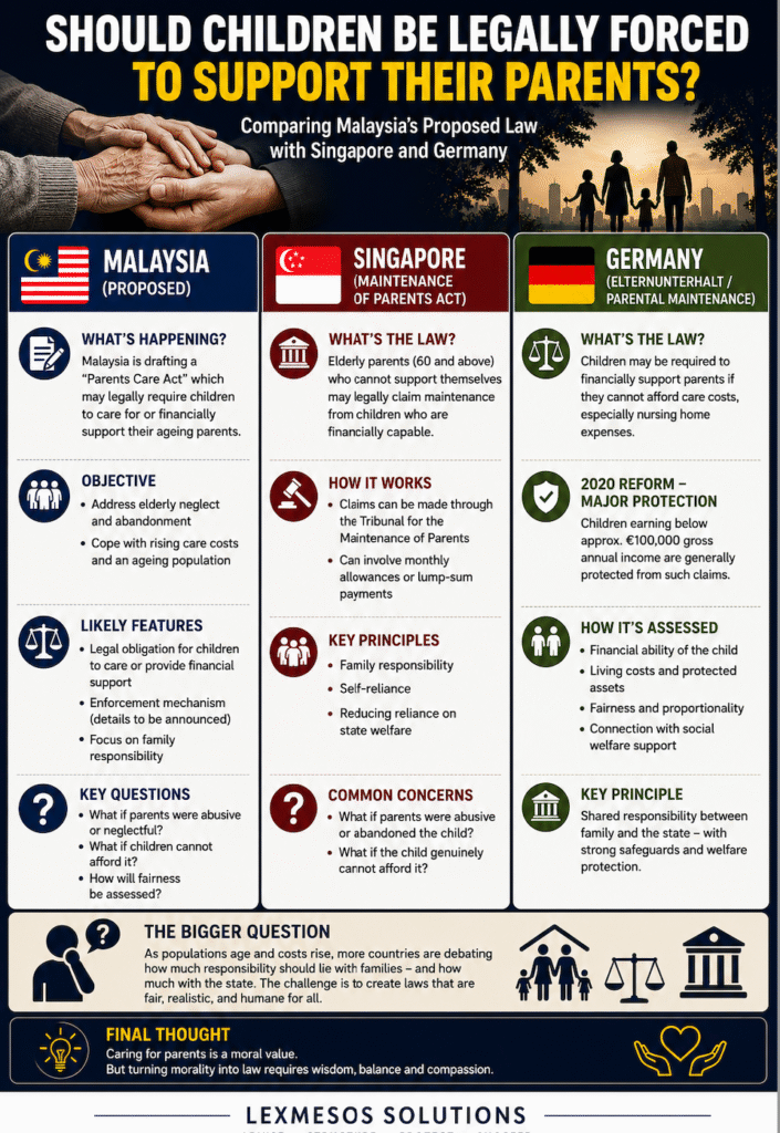 Infographic comparing Malaysia’s proposed Parents Care Act with Singapore’s Maintenance of Parents Act and Germany’s parental maintenance system, highlighting family responsibility, legal safeguards and elderly care policies.
