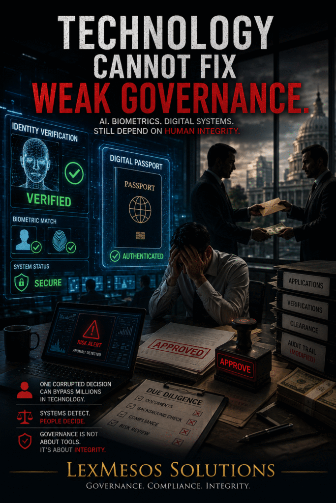 Technology Cannot Fix Weak Governance: What Malaysia’s Smart IC System And Europe’s Identity Systems Reveal About Human Integrity Futuristic AI and governance-themed image showing digital identity systems, biometric technology and hidden human misconduct risks, symbolising how weak governance can undermine advanced technology, with LexMesos Solutions displayed at the bottom.
