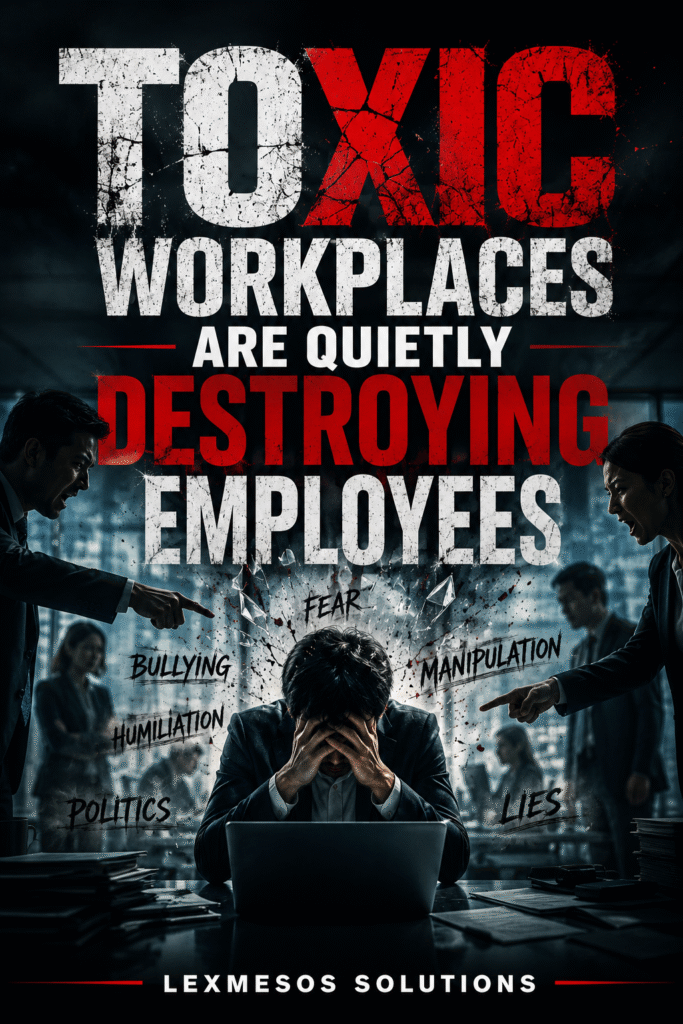 Toxic Workplaces Are Quietly Destroying Employees Dark cinematic office image showing an overwhelmed employee surrounded by shouting colleagues and workplace accusations such as bullying, manipulation and politics, with the headline “Toxic Workplaces Are Quietly Destroying Employees” and LexMesos Solutions displayed at the bottom.