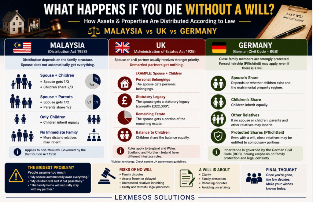 Infographic comparing inheritance and intestacy laws in Malaysia, the UK and Germany, explaining how assets and properties are distributed when someone dies without a will.