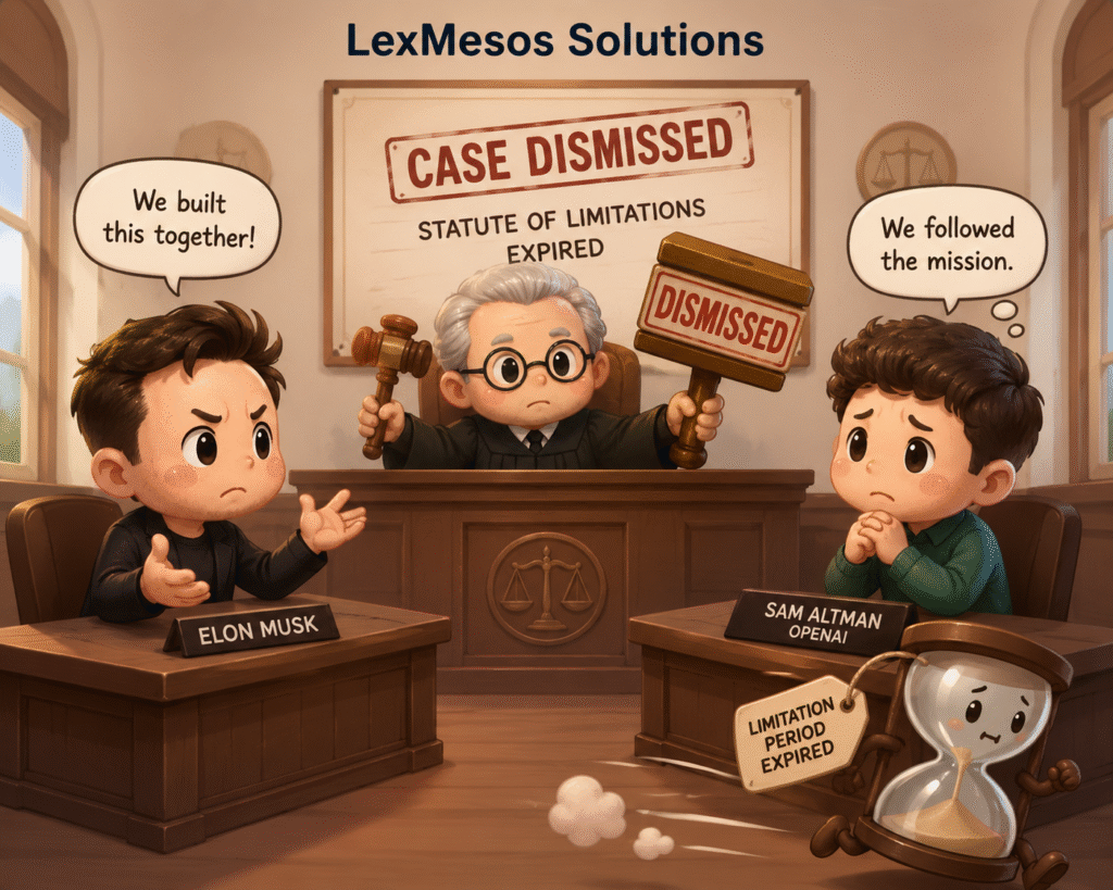 Cute cartoon courtroom image inspired by the Elon Musk and Sam Altman legal dispute, showing a judge dismissing the case because the statute of limitations expired, with LexMesos Solutions displayed at the top.