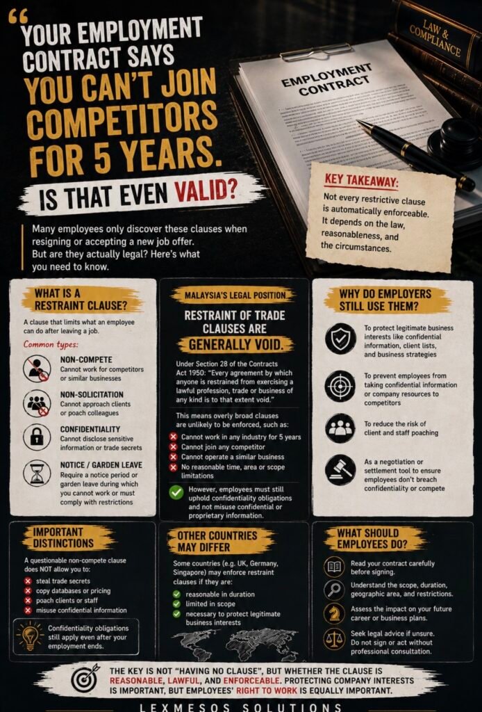 Creative employment law infographic showing a restrictive employment contract, non-compete clauses, restraint of trade issues and employee rights in Malaysia, with dark corporate visuals and compliance-style layout by LexMesos Solutions.