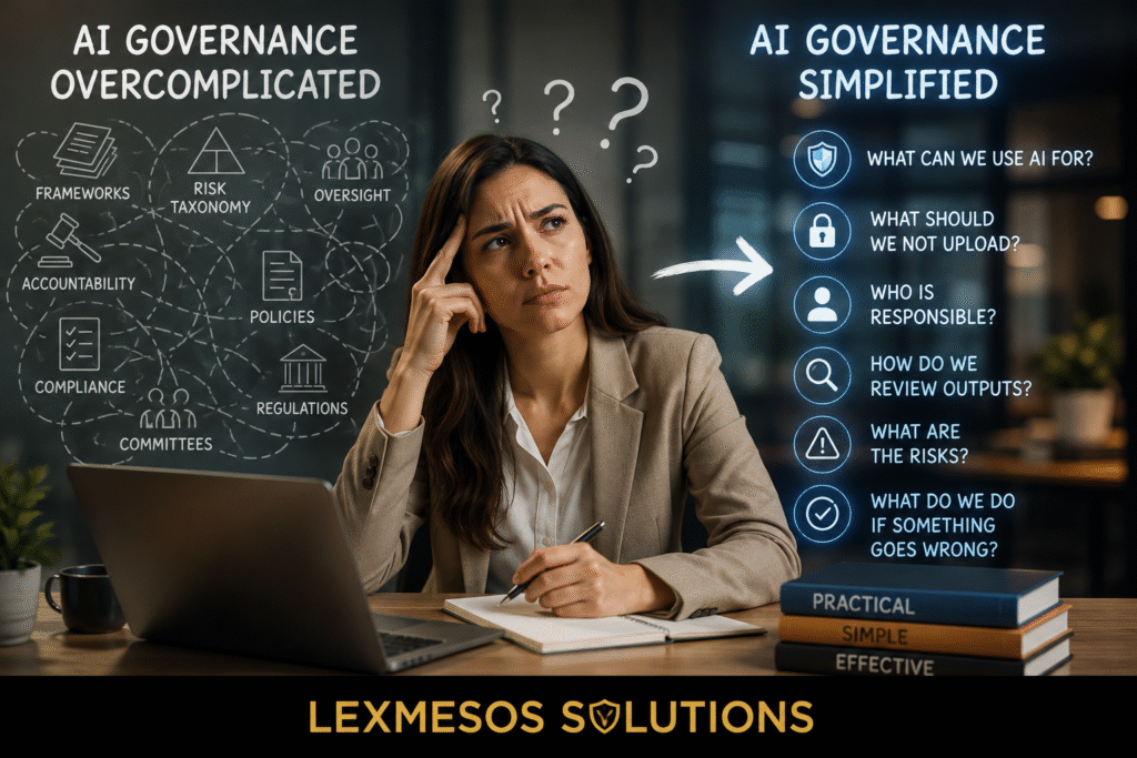 AI Governance Sounds Impressive. Most Businesses Just Want Straight Answers. Business professional comparing complex AI governance frameworks with practical AI governance guidance designed for SMEs and everyday business use.