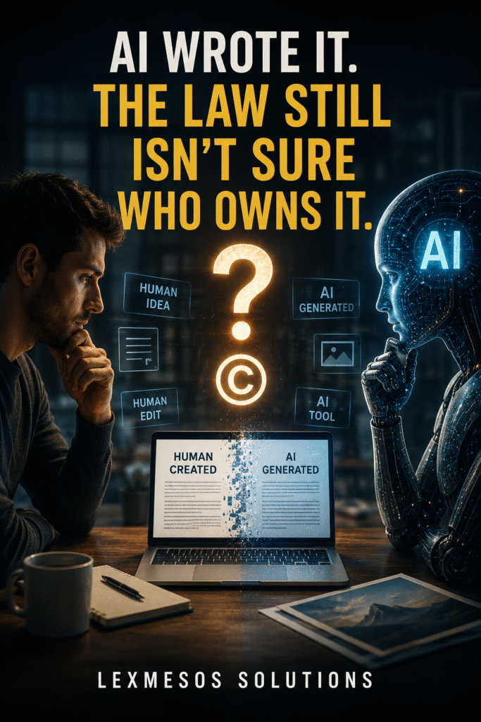 AI Wrote It. The Law Still Isn’t Sure Who Owns It. A human and an AI robot face each other across a laptop displaying human-created and AI-generated content, highlighting the uncertainty surrounding copyright ownership of AI-assisted works.