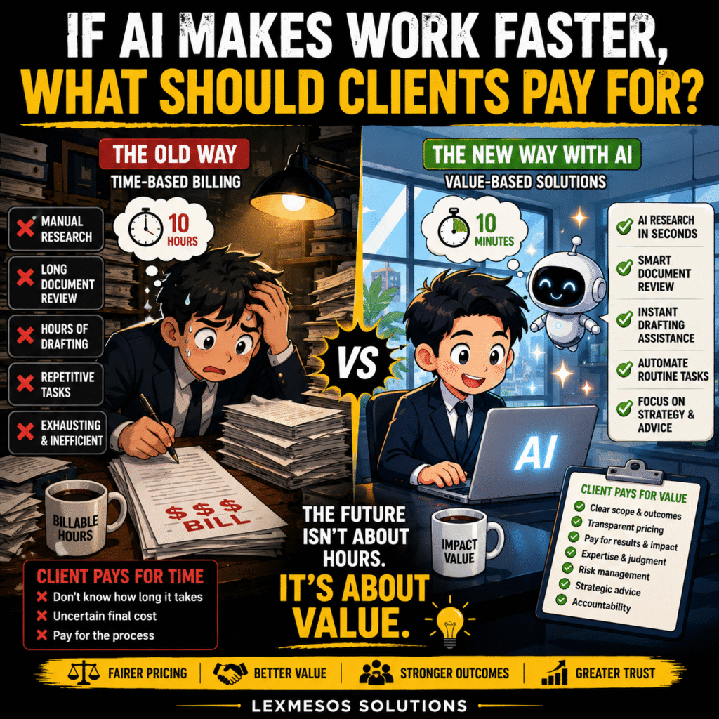 iCartoon-style comparison showing a stressed professional using traditional time-based billing versus an AI-assisted professional delivering faster value-based services.