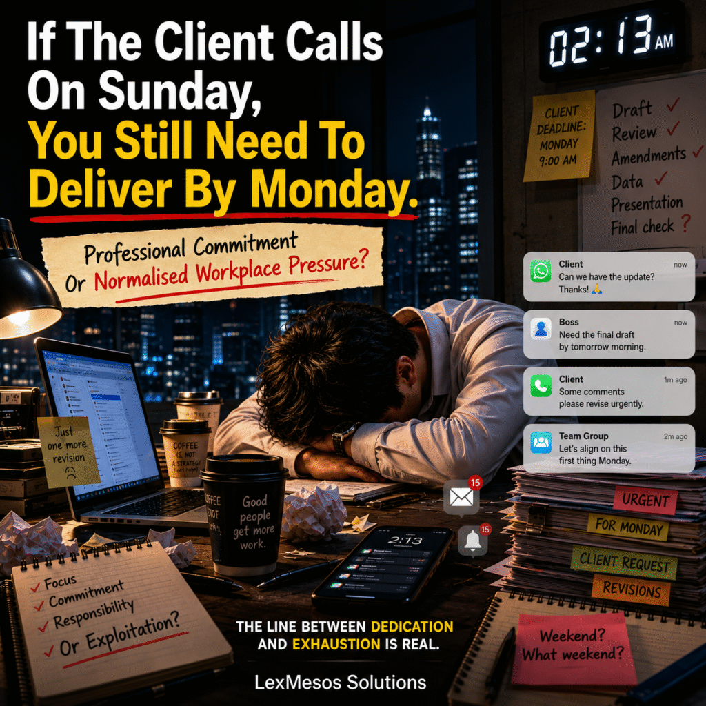 “If The Client Calls On Sunday, You Still Need To Deliver By Monday.” iAn exhausted office worker sleeping at a cluttered desk late at night while urgent client messages and Monday deadlines continue appearing on screens and sticky notes.
