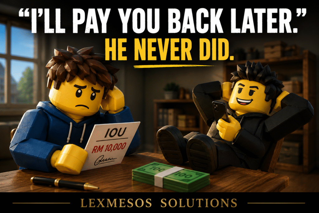 “I’ll Pay You Back Later.” What Happens When They Never Do? LEGO-style characters depicting a friendly loan dispute, with one person holding an IOU note while the borrower appears unconcerned, highlighting the risks of lending money without proper documentation.
