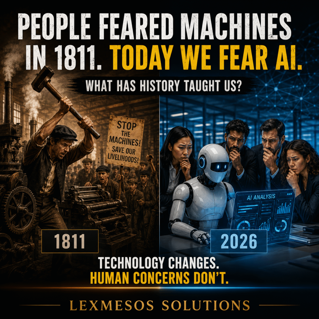 People Feared Machines in 1811. Today We Fear AI. What Has History Taught Us? Split-screen image comparing workers protesting industrial machines in 1811 with modern professionals concerned about AI technology in 2026, illustrating how fears of technological disruption continue across generations