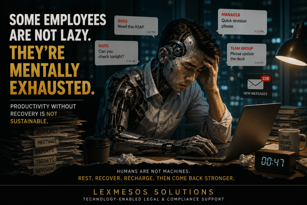 A dramatic digital illustration of an exhausted office employee slowly turning into a machine while working late at night under nonstop workplace pressure, deadlines, overtime messages, and constant productivity expectations.