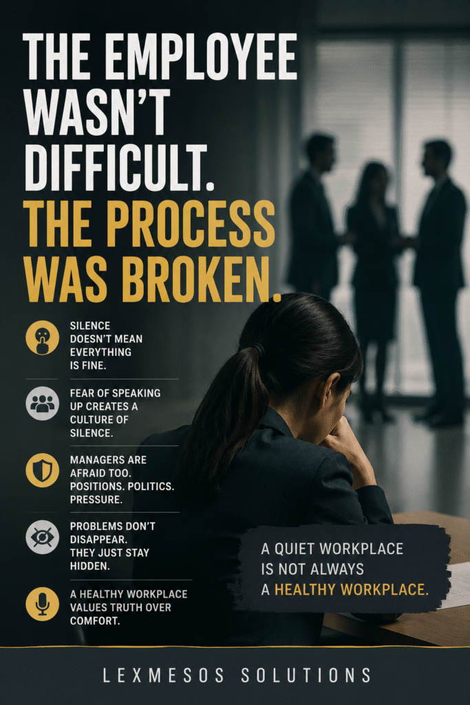 A workplace awareness poster showing a distressed employee sitting alone while managers discuss in the background. The image highlights how workplace silence, office politics and fear of speaking up can prevent concerns from reaching leadership. The headline reads: "The Employee Wasn't Difficult. The Process Was Broken."