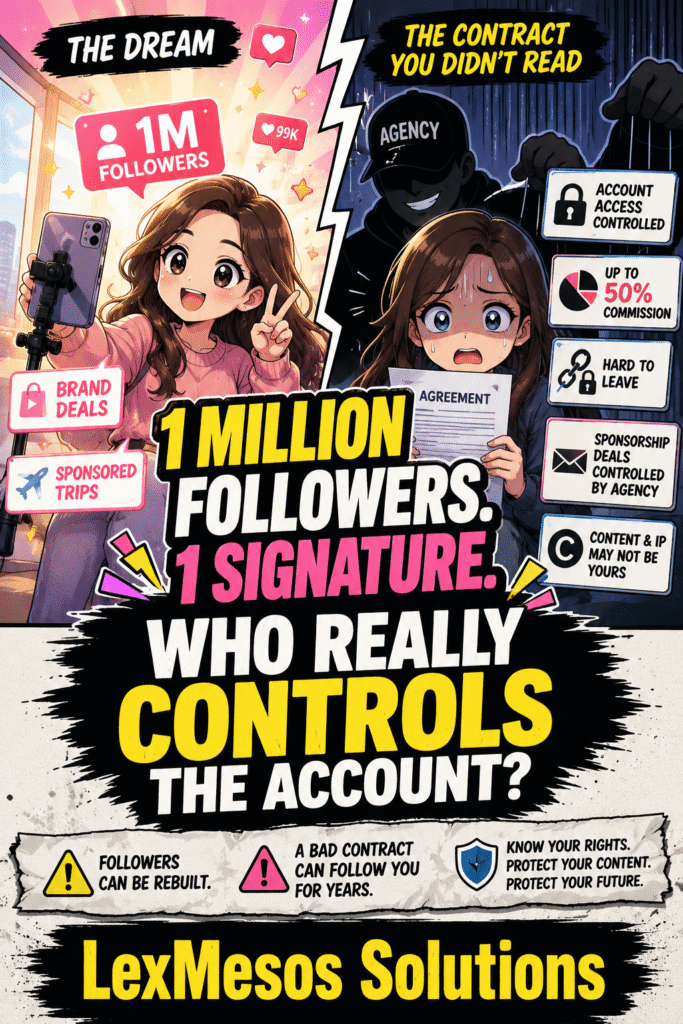 The Influencer Has 1 Million Followers. But Who Actually Controls The Account? Kawaii comic-style illustration showing a successful influencer on one side and hidden contract risks on the other, highlighting account ownership, commission disputes and agency control.