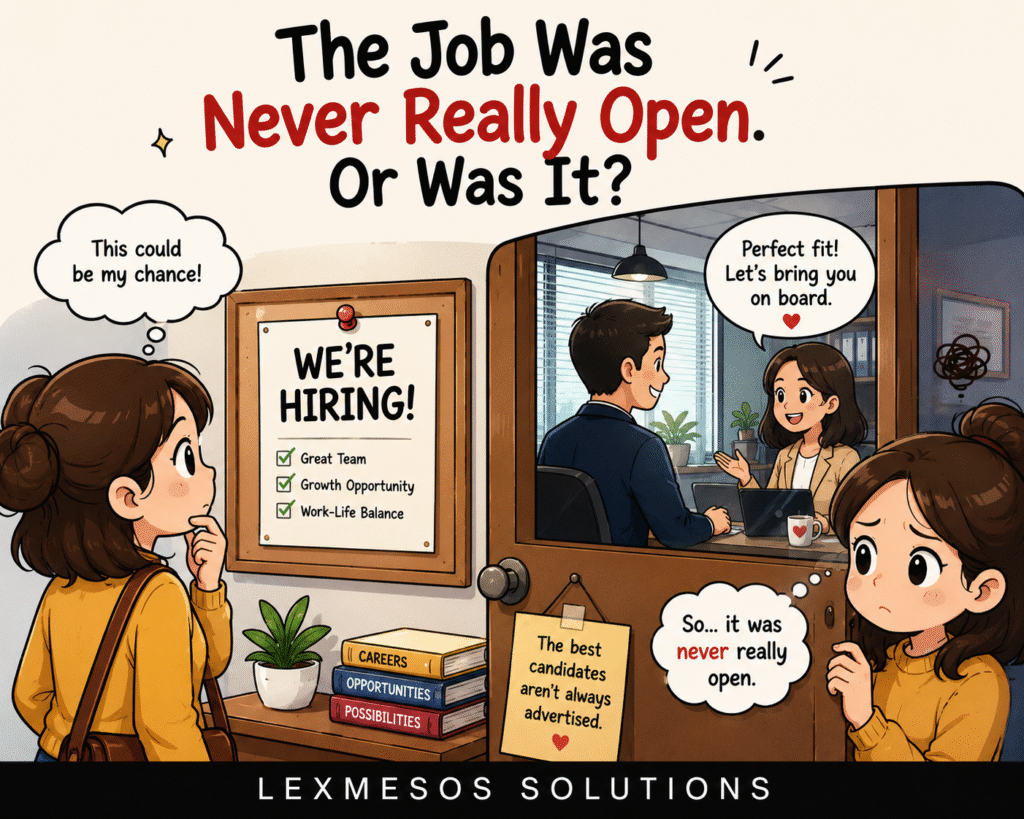 Comic-style illustration showing a job seeker looking at a hiring advertisement while another candidate appears to have already been selected for the position.