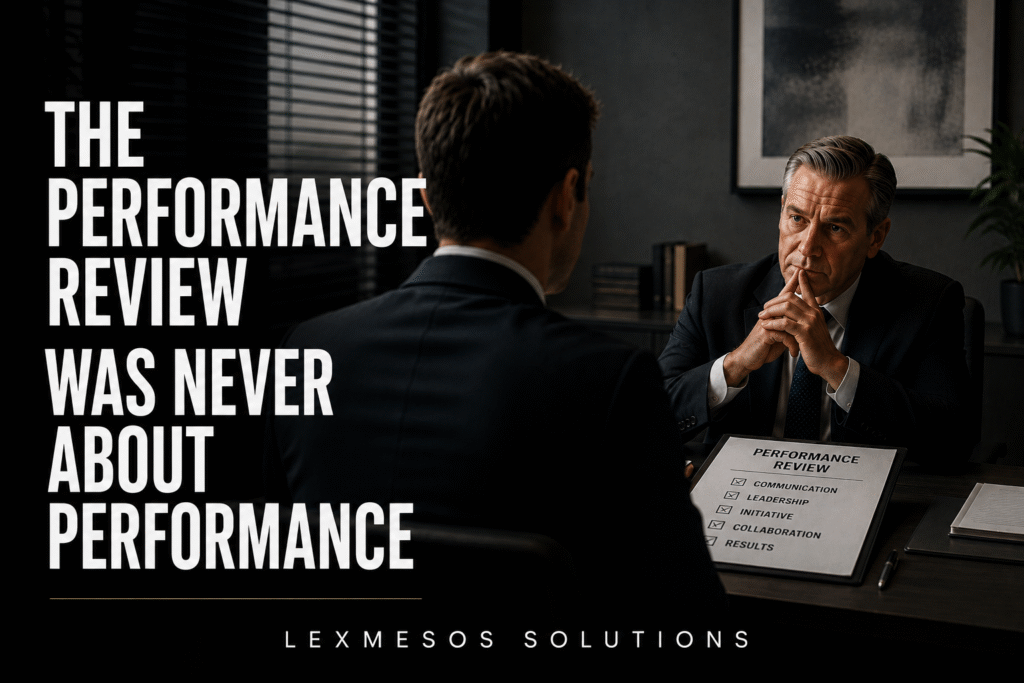 Corporate employee facing a performance review meeting, highlighting workplace politics, perception and evaluation processes beyond actual performance.