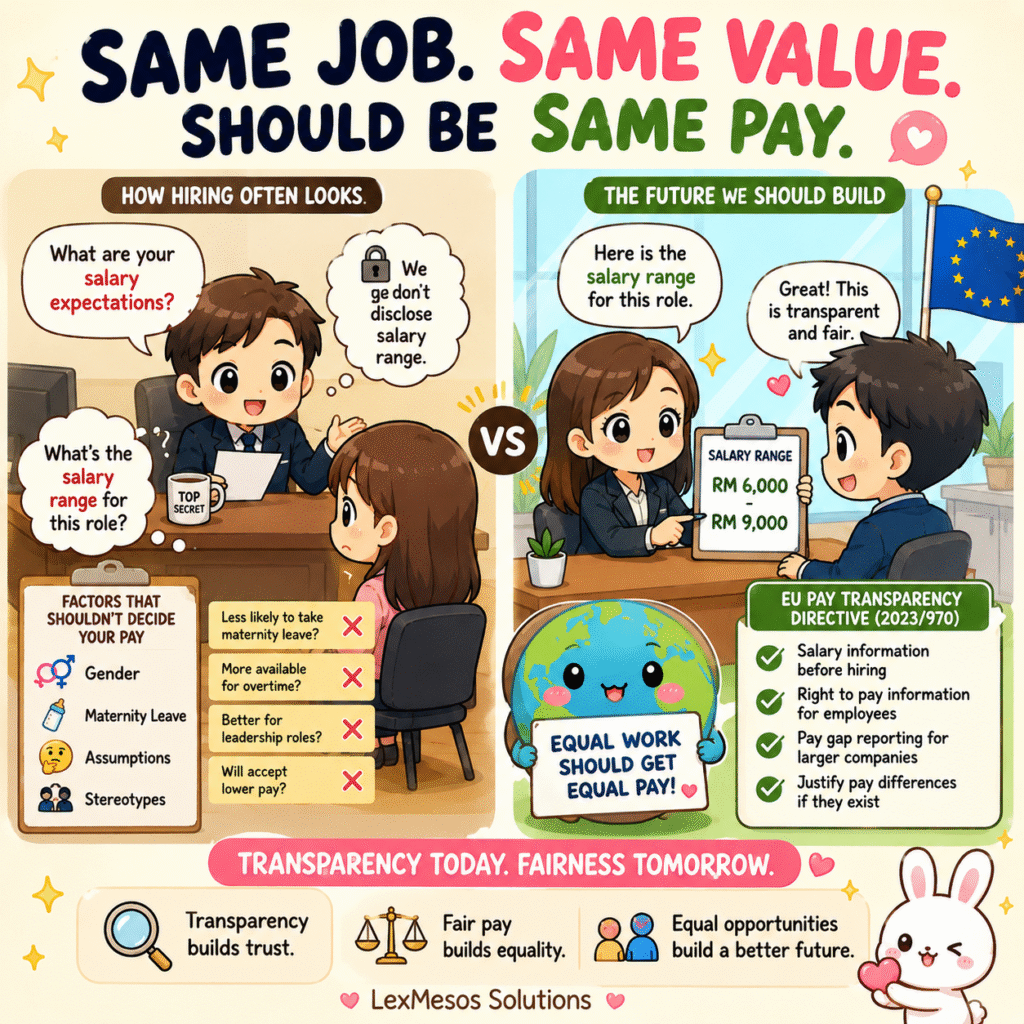 The Salary Question Employers Love Asking But Hate Answering Kawaii cartoon illustration showing a job interview where a candidate asks for the salary range while an employer asks for salary expectations, highlighting salary transparency and equal pay issues.