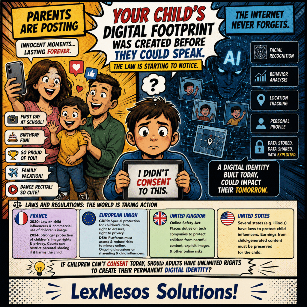 Comic-style illustration showing how parents, social media platforms, and AI technologies contribute to a child's digital footprint before the child can consent.