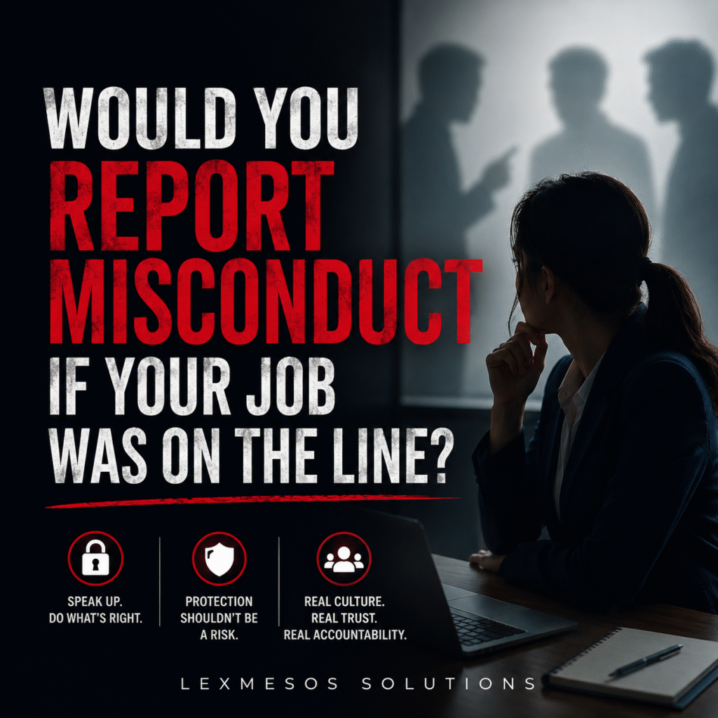 Whistleblowing Sounds Good on Paper. But Are Employees Really Protected? Corporate whistleblowing awareness image showing an employee facing a difficult decision about reporting workplace misconduct, with emphasis on trust, accountability, and whistleblower protection.