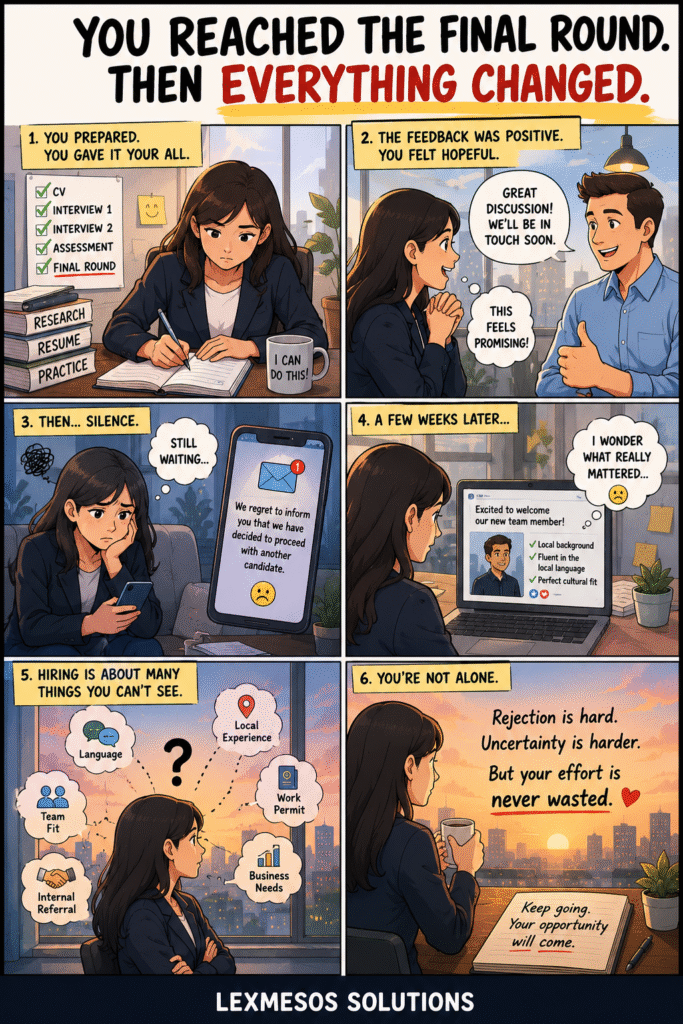 Comic-style illustration showing a job candidate reaching the final interview stage, receiving positive feedback and later discovering another candidate was hired, highlighting the uncertainty behind hiring decisions.