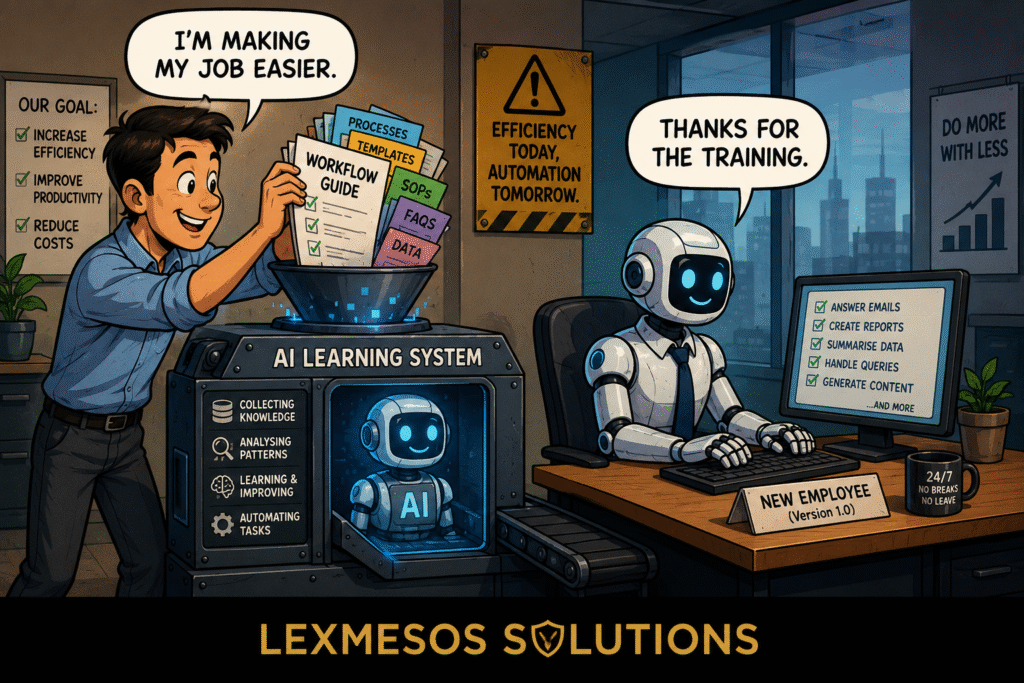 You Trained Your AI Replacement Without Realising It Comic-style illustration showing an employee feeding company knowledge and workflows into an AI system while a robot employee takes over tasks at a nearby desk.