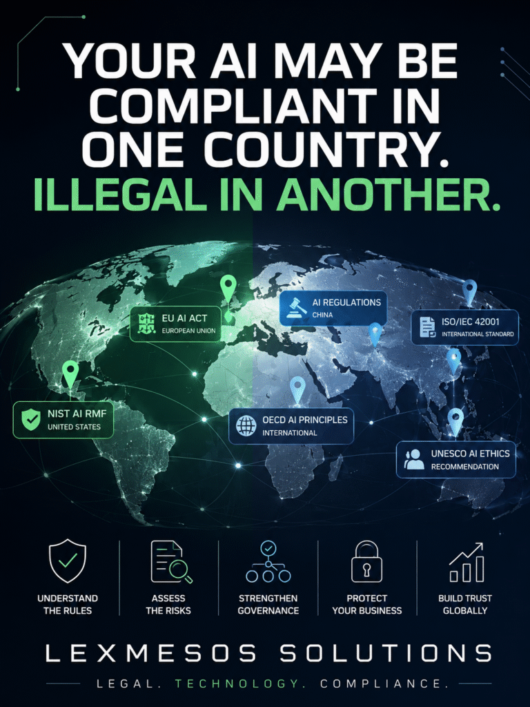 Global AI governance illustration showing different AI compliance frameworks including the EU AI Act, NIST AI RMF, ISO 42001, OECD AI Principles and UNESCO AI Ethics across multiple jurisdictions.