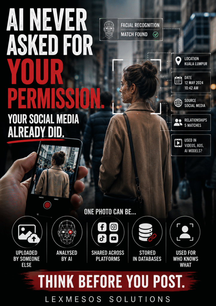 Illustration showing AI facial recognition analysing a person's face after a photo is uploaded to social media, highlighting privacy, digital footprints and AI governance risks.