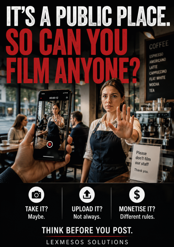 A person recording a café employee with a smartphone, illustrating public photography, privacy, consent, AI risks and responsible social media content creation.