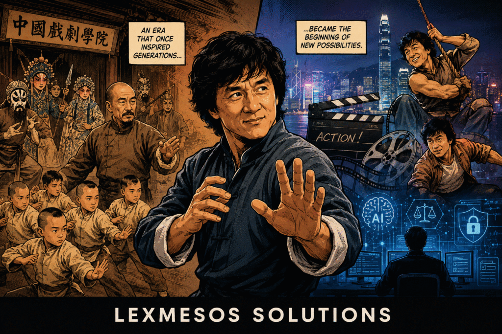Comic-style illustration inspired by Jackie Chan's early training in Painted Faces, showing the transition from traditional Peking Opera to AI and digital transformation through adaptation and innovation.
