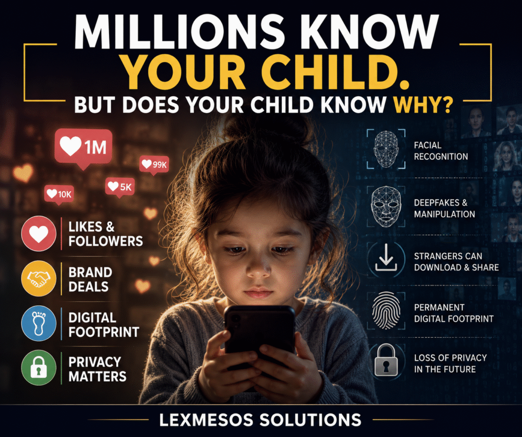 Child looking at a smartphone illustrating child influencers, digital privacy, social media fame, AI risks and permanent digital footprints.