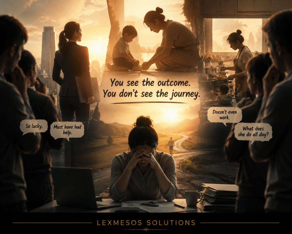 Emotional image showing unseen work, family responsibilities and public judgment behind success.