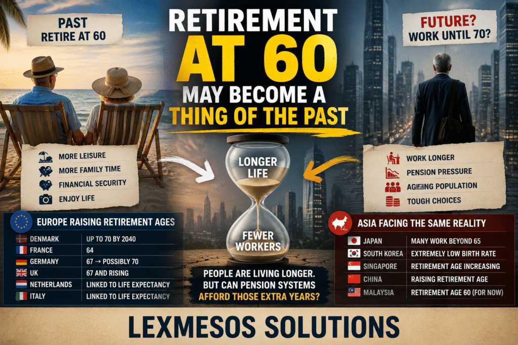 Comparison of retirement age trends across Europe and Asia as countries face ageing populations, pension pressures and longer life expectancy.