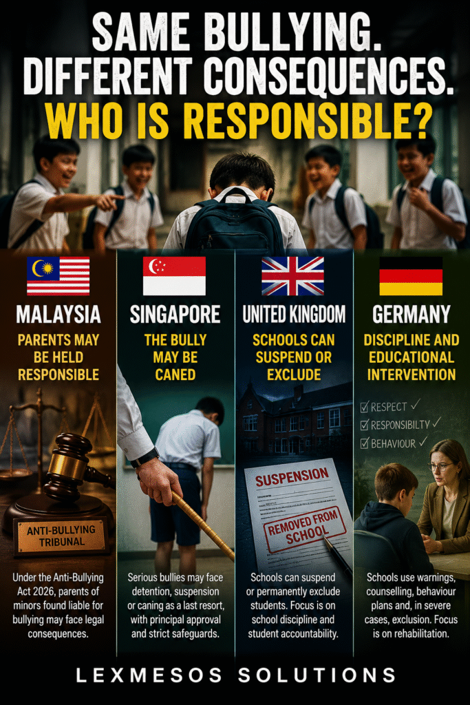 Comparison of school bullying consequences in Malaysia, Singapore, the United Kingdom and Germany, highlighting parental liability, disciplinary measures and anti-bullying approaches.