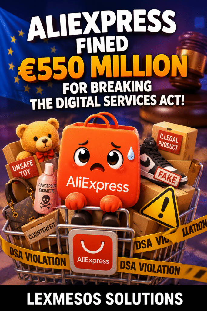 Cute cartoon illustration of AliExpress after a €550 million EU Digital Services Act fine, highlighting online marketplace compliance, counterfeit products and consumer safety.