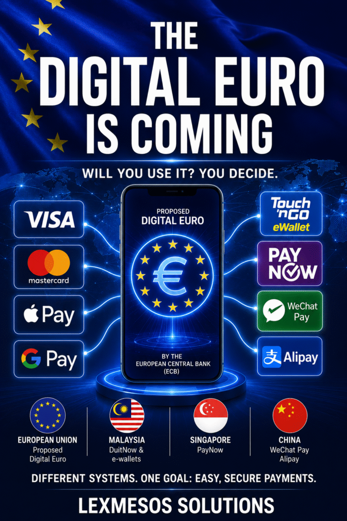 Digital Euro illustration comparing the EU's proposed digital currency with global payment systems including Visa, Apple Pay, Google Pay, Malaysia, Singapore and China.