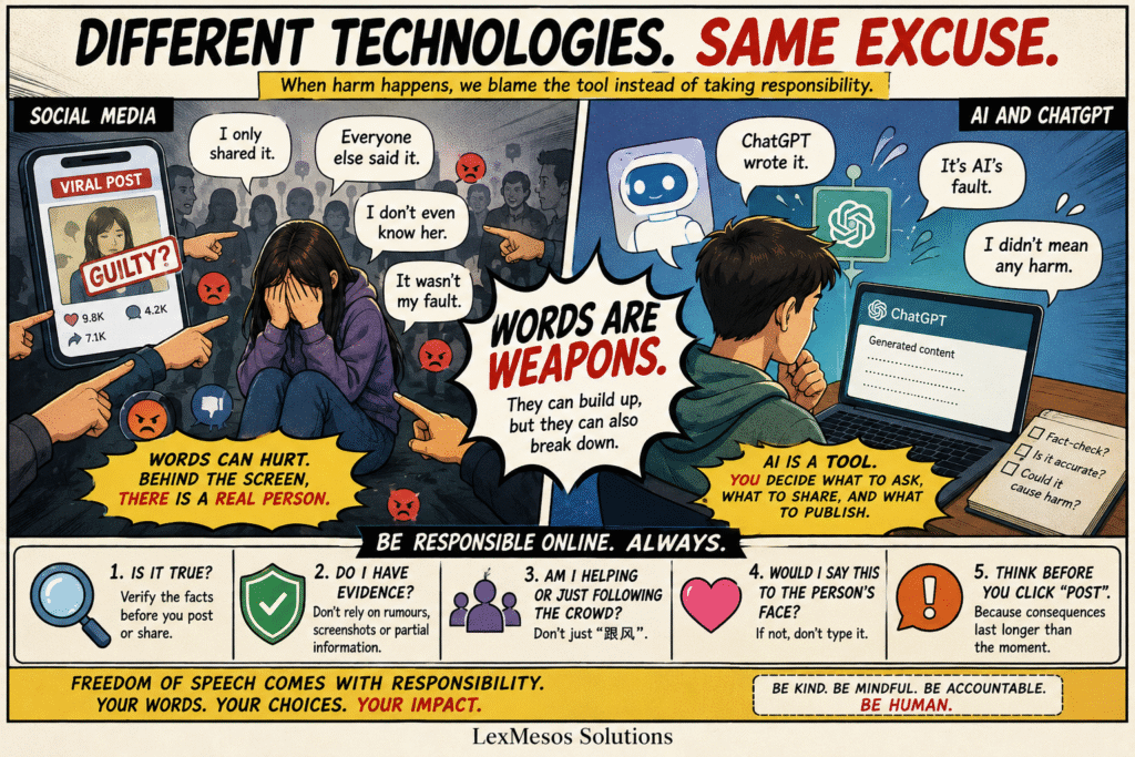 Comic illustration showing online mob behaviour and AI users blaming technology instead of taking responsibility for harmful online content.