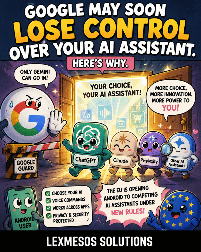 Cute comic showing Google, ChatGPT and other AI assistants as the EU introduces rules to give Android users more choice over their default AI assistant.