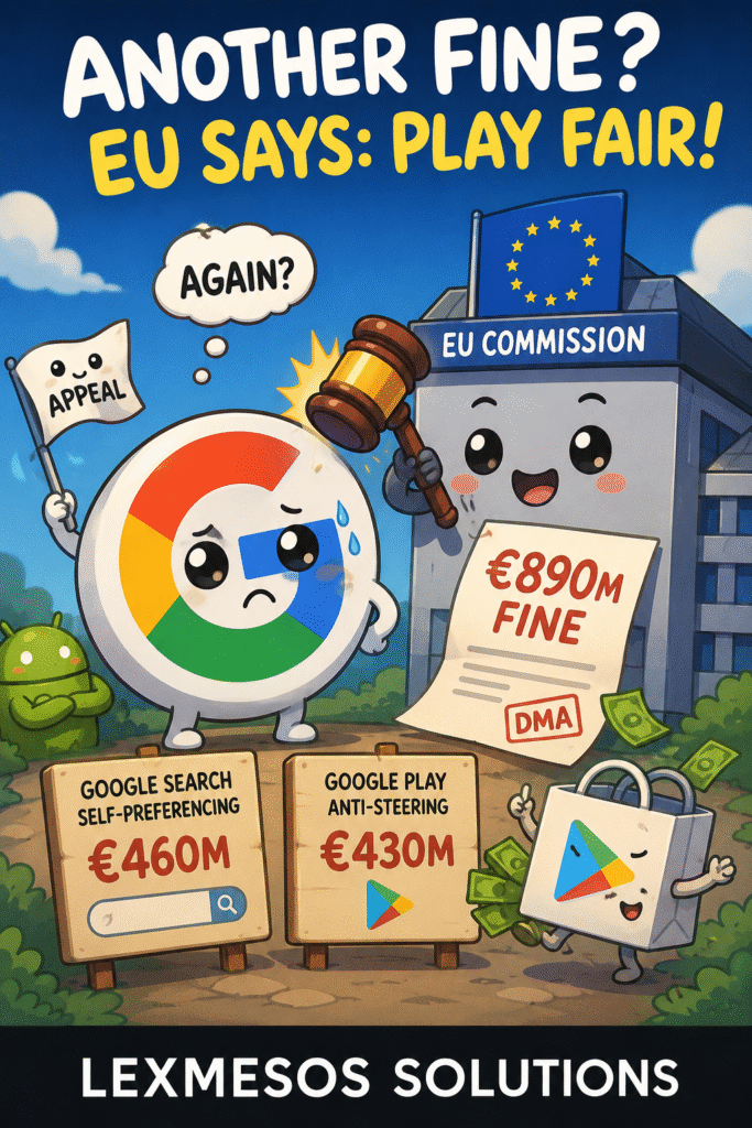 Cute cartoon showing Google facing a €890 million EU Digital Markets Act fine over Google Search and Google Play practices.
