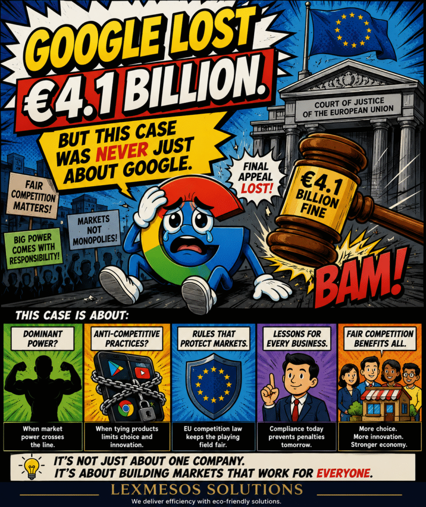 Google loses final appeal against the EU's €4.1 billion competition law fine, illustrating abuse of dominant position, Android antitrust rules and fair competition in the digital market.